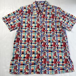 Y2K block color button up Shirt women Sz M Vtg Crazy Pattern Loud Jordan Tag ￼
